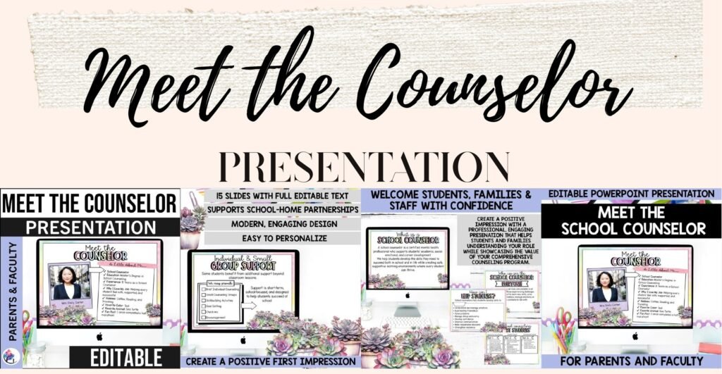 Meet the School Counselor editable presentation in pastel watercolor design, cover and sample slides