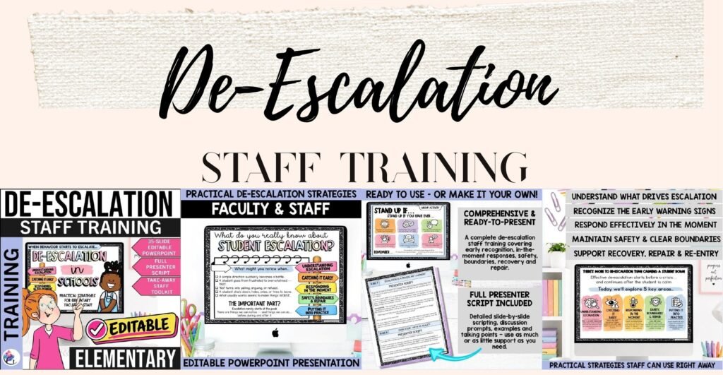 Elementary De-Escalation Staff Training Presentation cover and sample slides