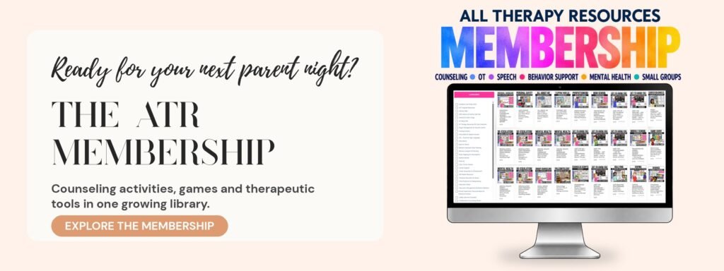 All Therapy Resources Membership: a computer screen showing a library of counseling activities, games and therapeutic tools