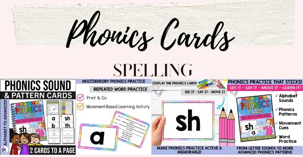 Advanced Phonics and Spelling Cards cover and sample double-sided cards