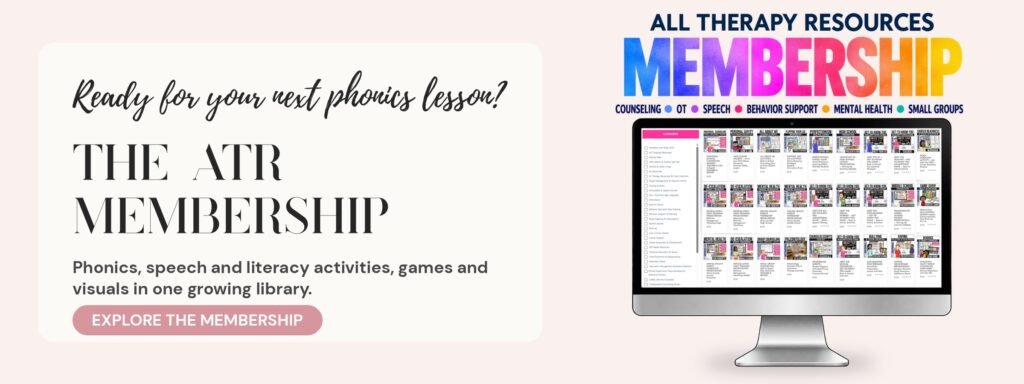 All Therapy Resources Membership banner: phonics, speech and literacy activities, games and visuals in one growing library