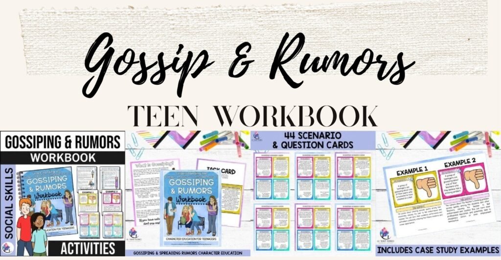 Gossip and Rumors workbook for teenagers cover and sample pages including the ripple effect and scenario cards