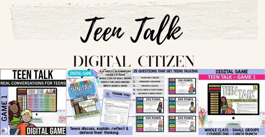 Teen Talk Game 1 cover and sample slides for discussing friendships, peer pressure and social media with teens