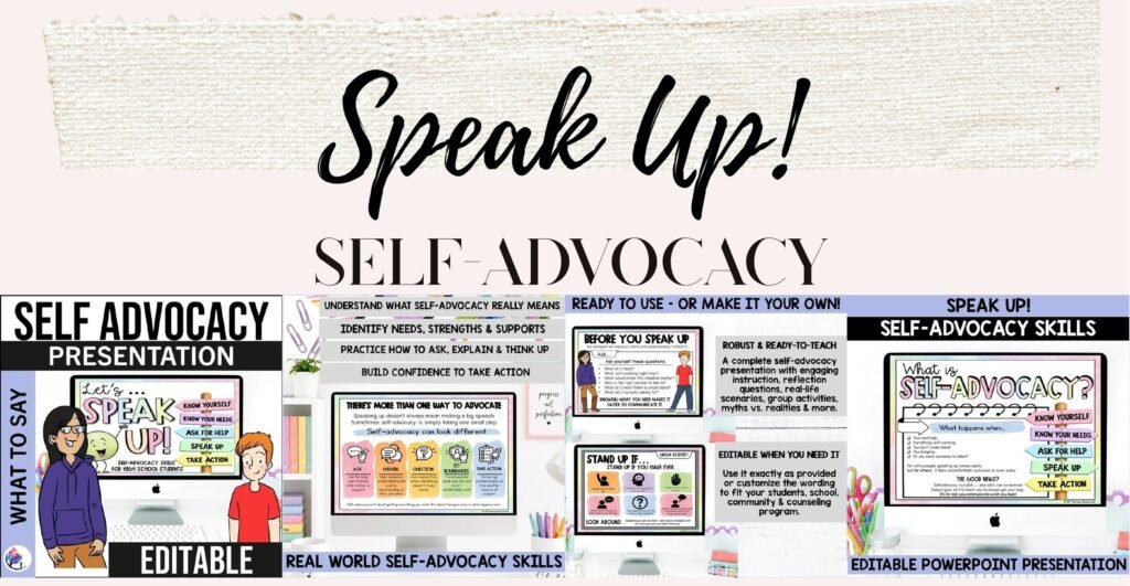 Speak Up! self-advocacy presentation for high school students cover and sample slides