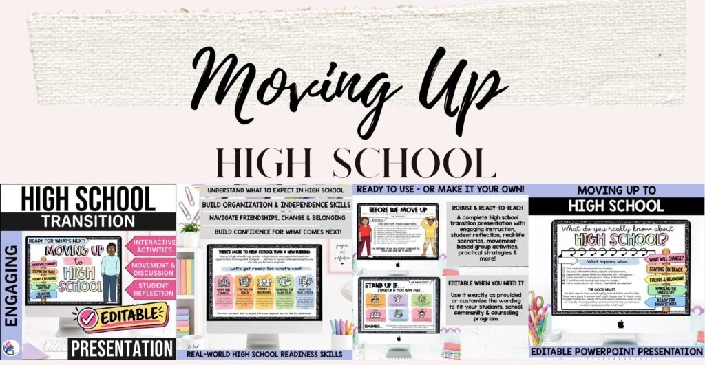 Moving Up to High School transition presentation cover and sample slides