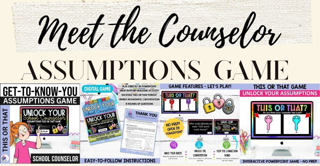 Unlock Your School Counselor This or That assumptions game cover and sample slides