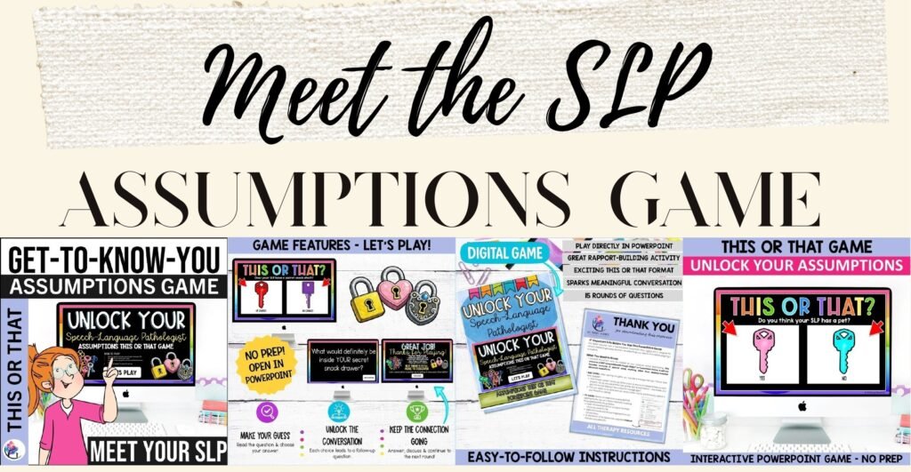 Meet the SLP assumptions game cover and sample slides