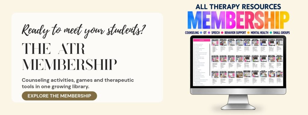 All Therapy Resources Membership: a computer screen showing a library of counseling activities, games and therapeutic tools