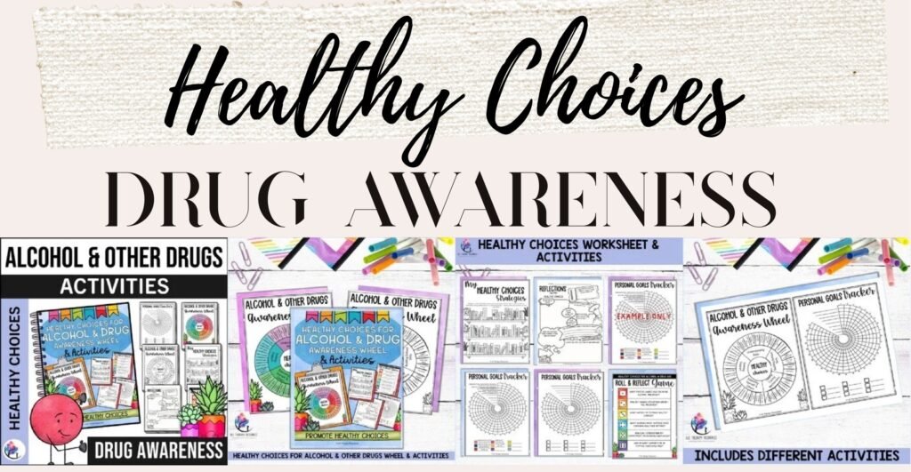 Healthy Choices for Alcohol and Other Drugs awareness wheel and activities, cover and sample pages