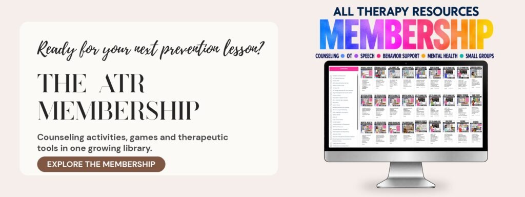 All Therapy Resources Membership: a computer screen showing a library of counseling activities, games and therapeutic tools
