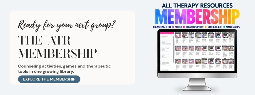 All Therapy Resources Membership: a computer screen showing a library of counseling activities, games and therapeutic tools