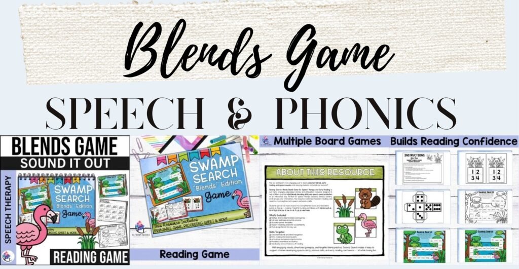 Blends Game cover with sample game boards and worksheets