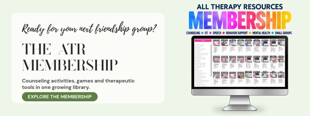 All Therapy Resources Membership: a computer screen showing a library of counseling activities, games and therapeutic tools