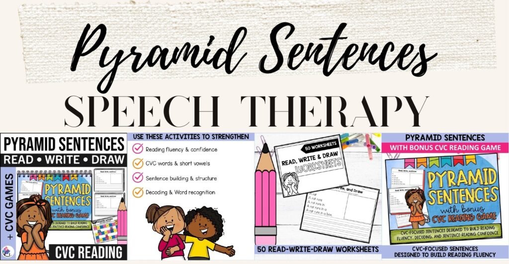 Pyramid Sentences speech therapy activities cover and sample worksheets