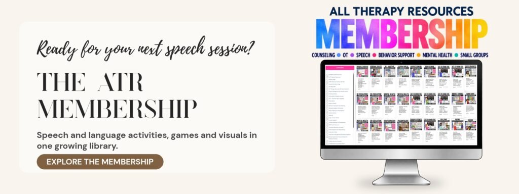 All Therapy Resources Membership banner: speech and language activities, games and visuals in one growing library
