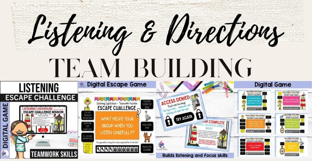 Listening and Following Directions escape challenge game cover and sample slides