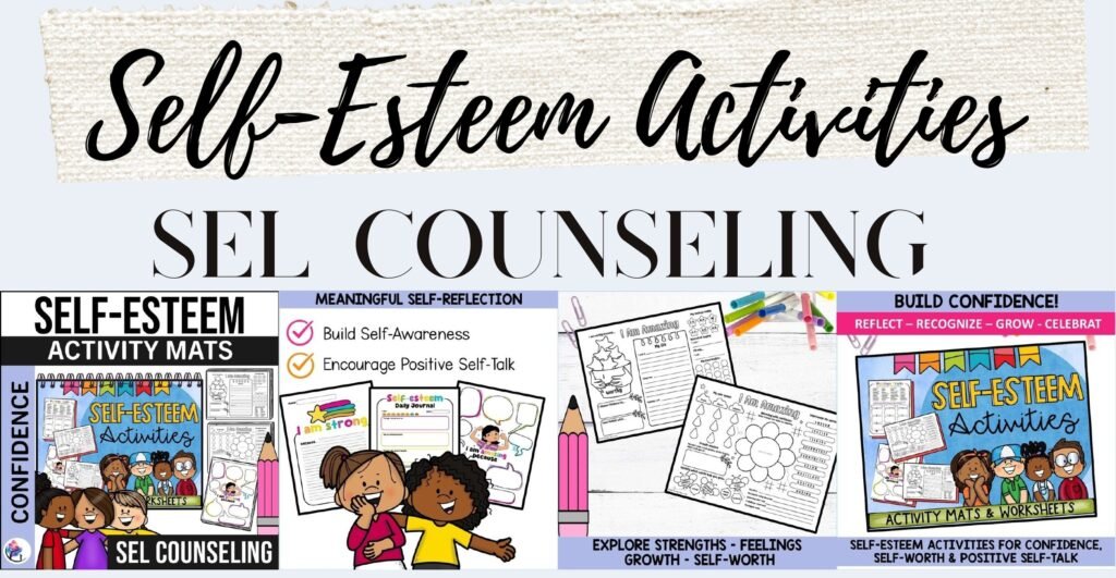 Self-Esteem Activities cover with sample activity mats and worksheets