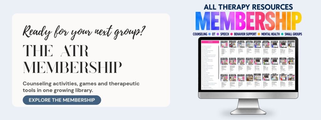 All Therapy Resources Membership: a computer screen showing a library of counseling activities, games and therapeutic tools