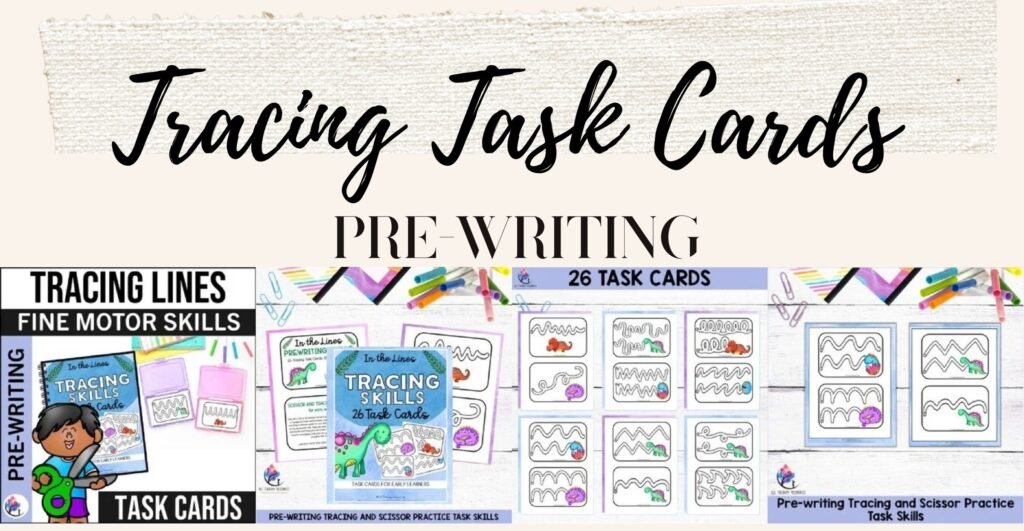 Pre-Writing Tracing and Scissor Practice Task Cards cover and sample dinosaur tracing cards