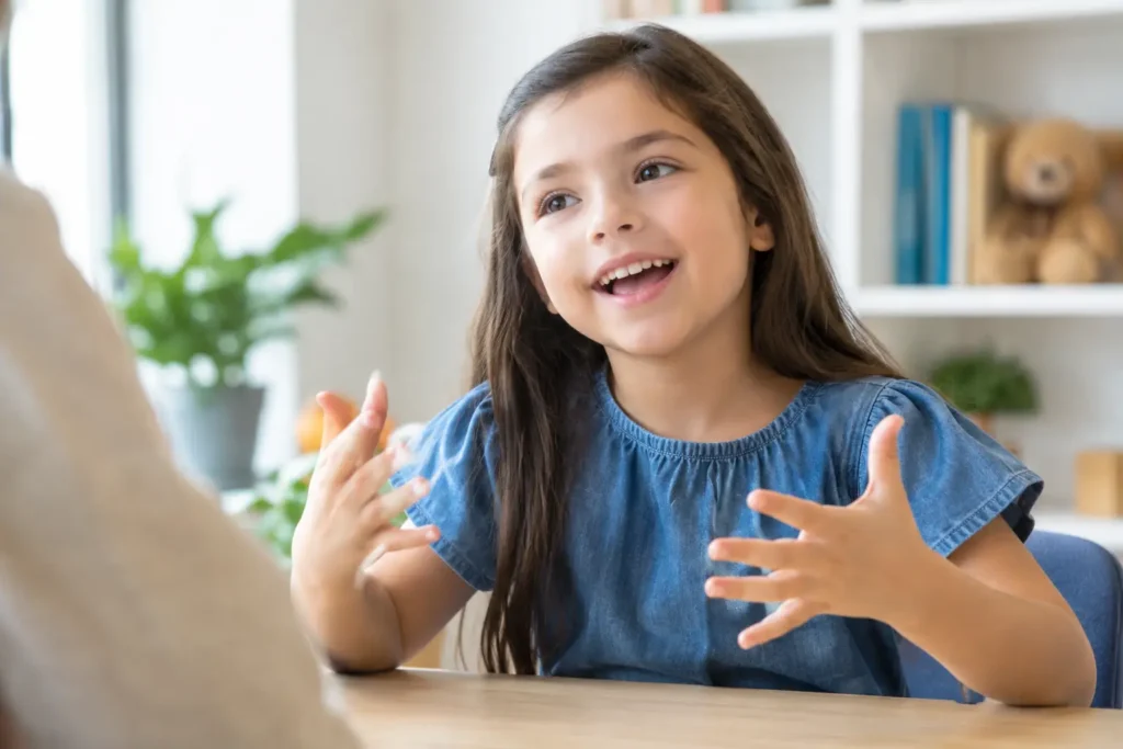 Therapist and boy pointing to pictures on a game board during an expressive language activity
