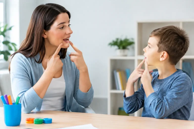 Speech-language pathologist and young boy practicing speech together at a table with a mirror