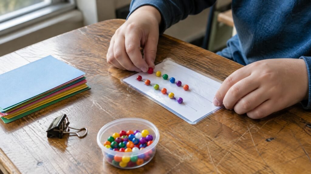 A child's hands placing colorful beads in a pattern on a white card at a wooden table, with stacked colored cards, a binder clip and a cup of beads nearby