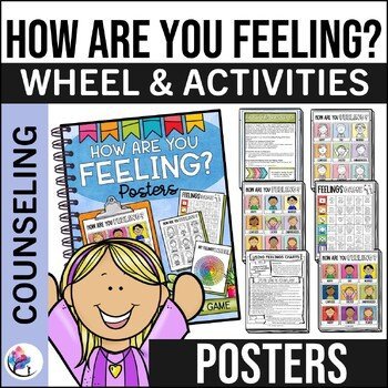 FEELINGS & EMOTIONS POSTER, GAME & FEELINGS WHEEL - School Counseling FREEBIE