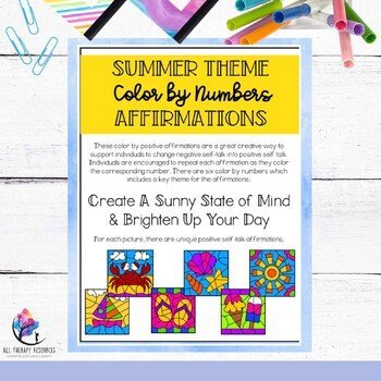 SUMMER COLORING PAGES - Color by Numbers - Counseling Mental Health Affirmations - Image 4