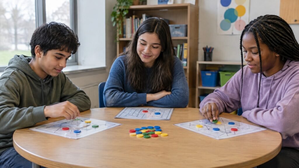 Students playing a printable card game together during a small group social skills session