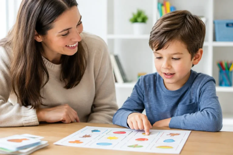 Smiling girl talking and gesturing during a speech and language session