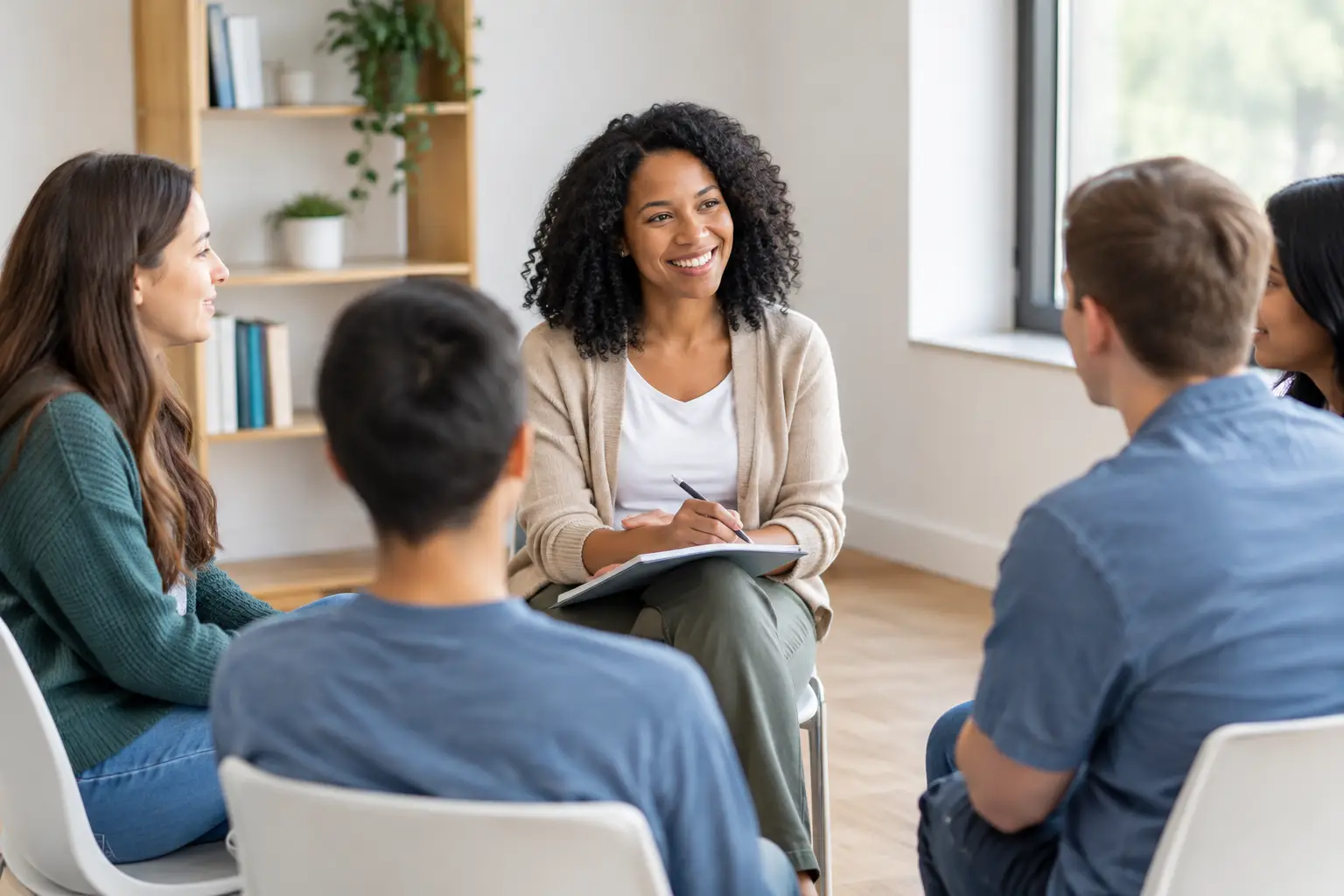 School counselor leading a small group counseling session with students in a circle