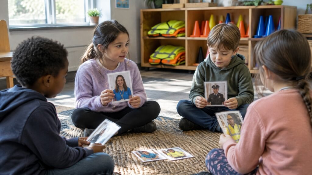 Elementary students sitting on a classroom rug holding picture cards of community helpers during a stranger safety lesson